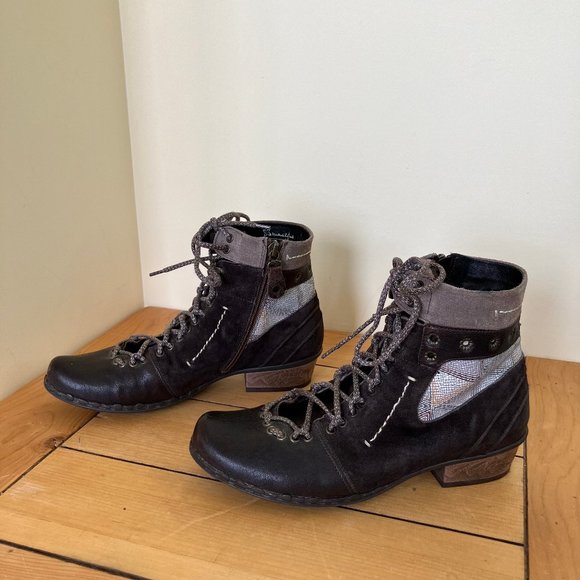 Maciejka Brown Leather Ankle Boots Fleece Lining Side Zip Patchwork Look - Picture 4 of 9